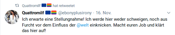 Ich erwarte eine Stellungnahme! Ich werde hier weder schweigen, noch aus Furcht vor dem Einfluss der @welt einknicken. Macht euren Job und klärt das hier auf!