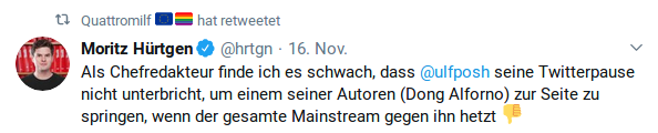 Als Chefredakteur finde ich es schwach, dass @ulfposh seine Twitterpause nicht unterbricht, um einem seiner Autoren (Dong Alforno) zur Seite zu springen, wenn der gesamte Mainstream gegen ihn hetzt👎