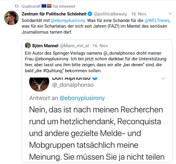 Solidarität mit @ebonyplusirony. Was für eine Schande für die @WELTnews, was für ein Scharlatan, der sich seit Jahren (FAZ!) im Mantel des seriösen Journalismus tarnen darf.