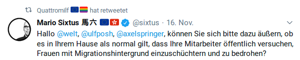 Hallo @welt, @ulfposh, @axelspringer, können Sie sich bitte dazu äußern, ob es in Ihrem Hause als normal gilt, dass Ihre Mitarbeiter öffentlich versuchen, Frauen mit Migrationshintergrund einzuschüchtern und zu bedrohen?